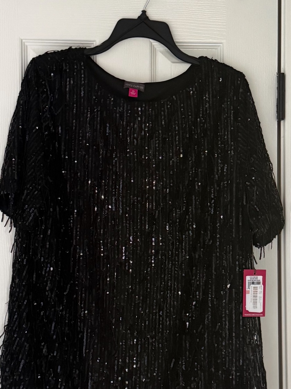Vince Camuto Black Sequin Fringe Short Sleeve Top